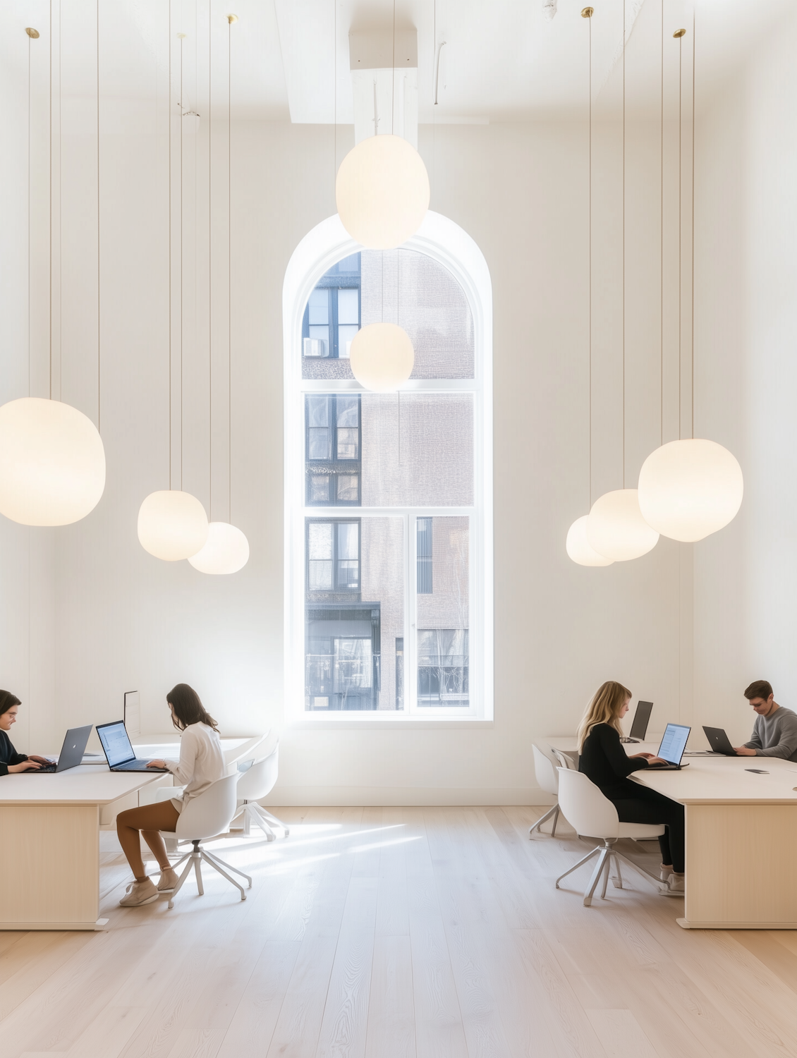 People working on laptops at long wooden tables in a bright room with tall windows and pendant lights